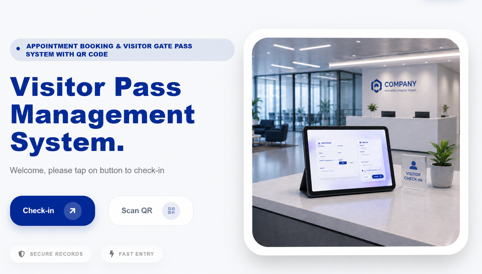 Visitor management application with check-in and Scan QR options beside a reception desk and a visitor registration tablet.